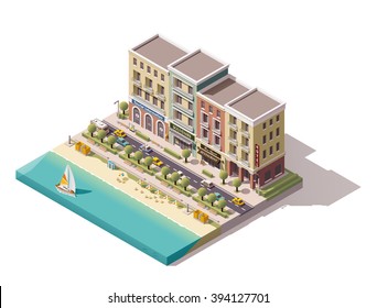 Vector Isometric icon or infographic element representing low poly old town street with tourism related buildings, stores, sea beach and yacht boat passing by