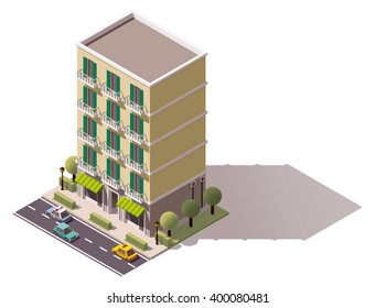 Vector isometric icon or infographic element representing low poly city store building with awnings, cars passing by the street