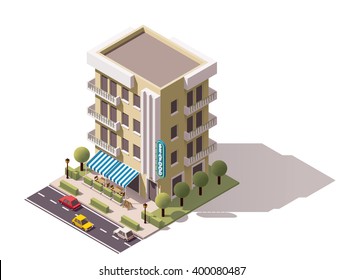 Vector isometric icon or infographic element representing low poly restaurant building with awnings, cars passing by the street