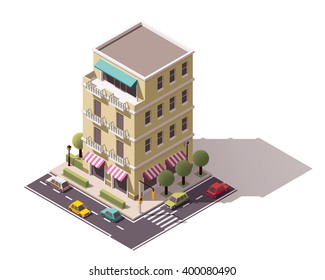Vector isometric icon or infographic element representing low poly city store building with awnings, cars passing by the street