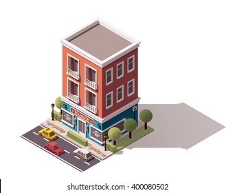 Vector isometric icon or infographic element representing low poly barber shop building, cars passing by the street