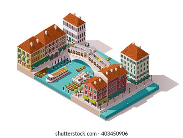 Vector isometric icon or infographic element representing low poly Rialto bridge over the canal with gondolas, Venice, Italy. Buildings, shops, stores nearby