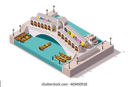 Vector Isometric Icon Or Infographic Element Representing Low Poly Rialto Bridge Over The Canal With Gondolas, Venice, Italy