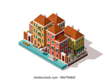 Vector Isometric Icon Or Infographic Element Representing Low Poly Venice (Italy) Street With Old Buildings, Gondola, Bridge Over The Canal 