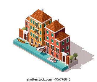 Vector Isometric Icon Or Infographic Element Representing Low Poly Venice (Italy) Street With Old Buildings, Gondola, Bridge Over The Canal 