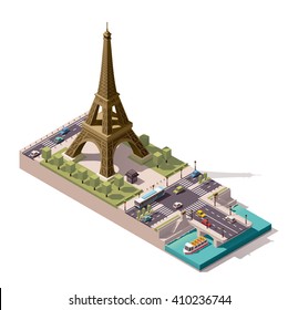 Vektorisometrische Icon-Infografik-Element, das Low-Poly-Eiffelturm auf dem Feld des Mars und Jena-Brücke über die Seine darstellt. Paris, Frankreich