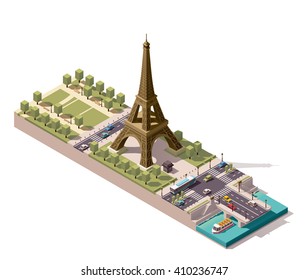 Vektorisometrische Ikone oder Infografik-Element, das den Low-Poly-Eiffelturm auf dem Feld des Mars und die Jena-Brücke über die Seine darstellt, Paris, Frankreich