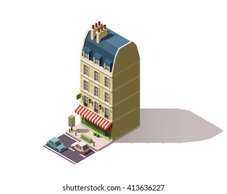 Vector isometric icon or infographic element representing old Paris (France) Creperie cafe or restaurant building with awnings, street, cars and tree