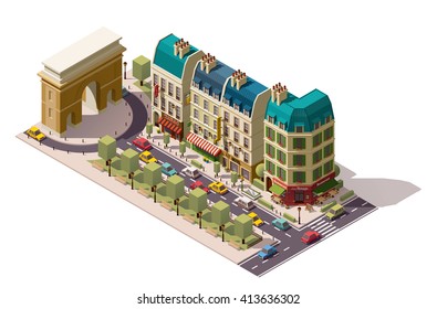 Vector isometric icon or infographic element representing Paris (France) street with cars,  old buildings, shops, restaurant and hotel near the Triumphal Arch