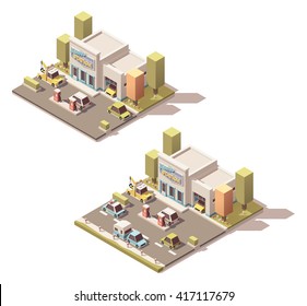 Vetor Ícone isométrico ou elemento infográfico que representa a garagem do serviço de reparação de automóveis retro com estação de abastecimento de gás e reboque