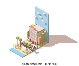 Vektorsymbol oder Infografik des Hotelgebäudes am Strand.Vorbeifahrende Autos auf der Straße