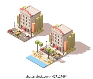 Icono vectorial Isometric o elemento infográfico que representa el edificio de hotel en la playa. Camiones pasando por la calle