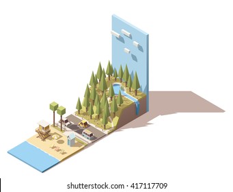 Vector Isometric icon or infographic element representing  sea beach near the mountain with forest and lake