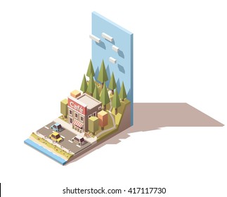 Vector Isometric icon or infographic element representing small road cafe building near the forest and river