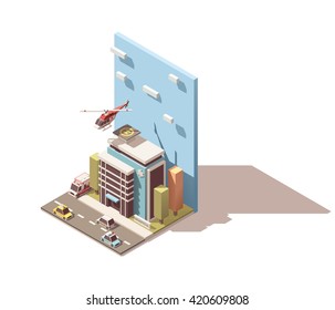 Vector Isometric icon or infographic element representing hospital, ambulance van and helicopter