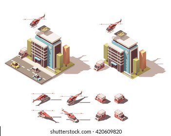 Vector Isometric icon or infographic element representing hospital, ambulance van and helicopter