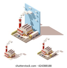 Vector Isometric icon or infographic element representing plant with smoking factory pipe, truck with semi-trailer on the yard