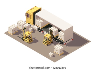 Vector Isometric icon or infographic element representing semi-trailer and forklift loading pallets with cardboard boxes. Low poly style