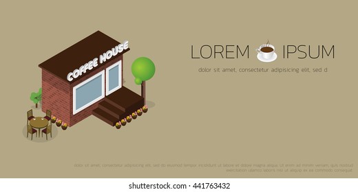 Vector Isometric icon or infographic element representing coffee shop building. Coffee-to-go cafe or restaurant