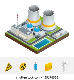 Vector isometric icon, infographic element representing nuclear power station, reactors, power lines and nuclear energy generation related facilities. Industrial landscape. 