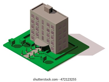 Vector isometric icon or infographic element representing low poly hotel or hostel building
