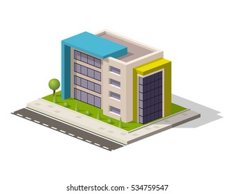 Vector Isometric Icon Or Infographic Element Representing Low Poly Hospital Building Or Office Or Store. Business Center