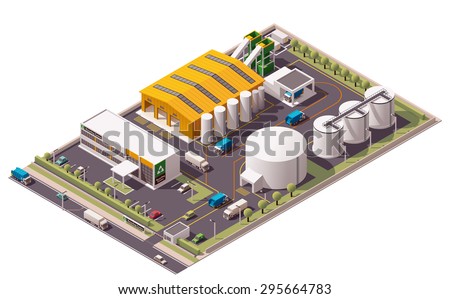 Vector isometric icon or infographic element representing low poly trash and garbage recycling plant with garbage trucks and sorting facility 