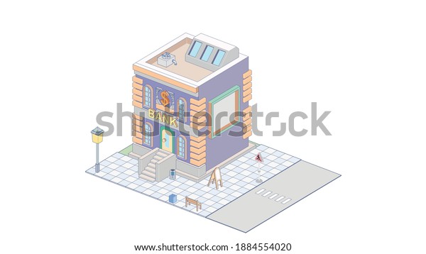 Vector isometric icon or infographic element\
representing bank building with bank services advertising sign.\
Isometric concept of\
bank