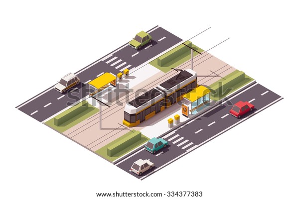 Vector isometric icon or infographic element\
representing low poly tramway approaching tram station on the\
street with cars and zebra road\
crossing