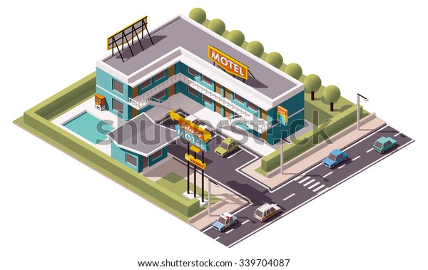 Vector isometric icon or\
infographic element representing low poly suburban motel or hotel\
building near the road with cars, camper, parking lot and retro\
neon sign