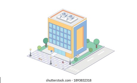 Vector isometric icon or infographic elements representing town apartment building with street for city map creation. Isometric concept of apartment