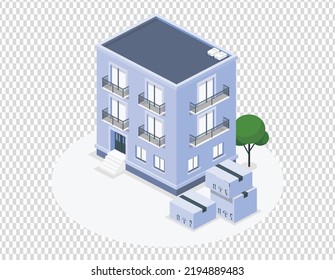 Vector isometric icon or infographic elements representing low poly town apartment building with street for city map creation. Flat style apartment building vector illustration.