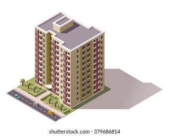 Vector isometric icon or infographic elements representing low poly town apartment building with street  and cars for city map creation