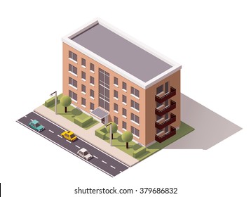 Vector Isometric Icon Or Infographic Elements Representing Low Poly Town Apartment Building With Street  And Cars For City Map Creation