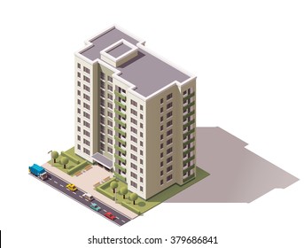 Vector isometric icon or infographic elements representing low poly town apartment building with street  and cars for city map creation