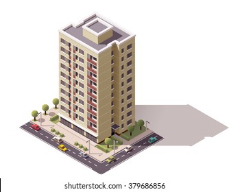 Vector Isometric Icon Or Infographic Elements Representing Low Poly Town Apartment Building With Street  And Cars For City Map Creation