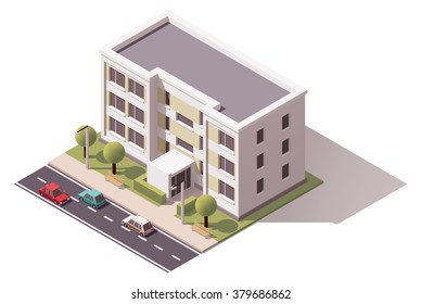 Vector isometric icon or infographic elements representing low poly town apartment building with street  and cars for city map creation