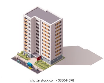 Vector Isometric Icon Or Infographic Elements Representing Low Poly Town Apartment Building With Street  And Cars For City Map Creation