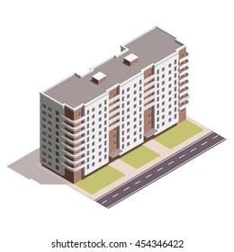 Vector isometric icon or infographic elements representing low poly town apartment building with street for city map creation.