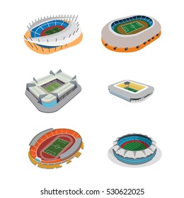 Vector isometric icon  infographic elements representing low poly sport arenas - football (soccer), basketball, hockey, American football, tennis, baseball stadiums.
