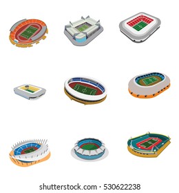 Vector isometric icon  infographic elements representing low poly sport arenas - football (soccer), basketball, hockey, American football, tennis, baseball stadiums.
