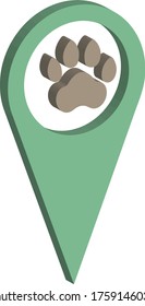 Vector isometric icon of location symbol with brown paw inside, isolated on white background