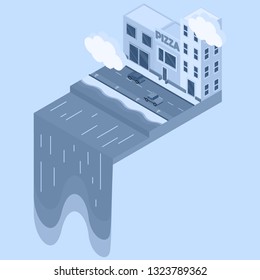 Vector Isometric icon. Vector isometric low poly buildings with stores and street elements. City by the ocean. Waterfall with isometric concept