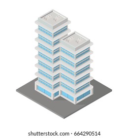 Vector isometric icon ofice or apartment building city infrastructure architecture 3d element representing low poly building for city map creation.