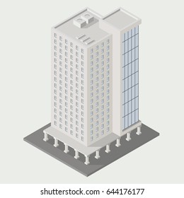 Vector isometric icon, ofice building city infrastructure; architecture 3d element representing low poly building; for city map creation.