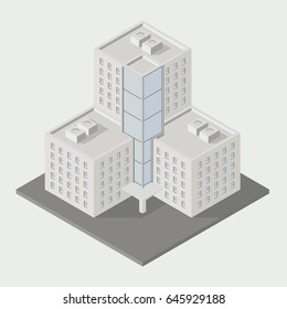 Vector isometric icon ofice building city infrastructure; architecture 3d element representing low poly building; for city map creation.