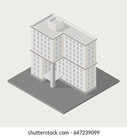 Vector isometric icon ofice building city infrastructure; architecture 3d element representing low poly building; for city map creation.