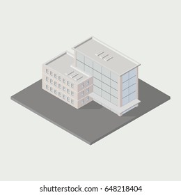 Vector isometric icon ofice building city infrastructure; architecture 3d element representing low poly building; for city map creation.