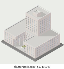 Vector isometric icon ofice building city infrastructure architecture 3d element representing low poly building for city map creation.