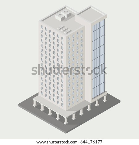 Vector isometric icon, ofice building city infrastructure; architecture 3d element representing low poly building; for city map creation.